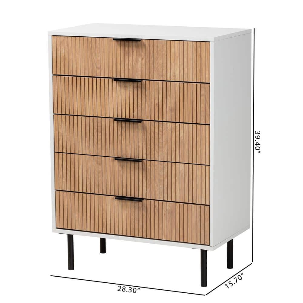 Karima Mid-Century Modern White and Natural Brown Wood Chest of Drawers