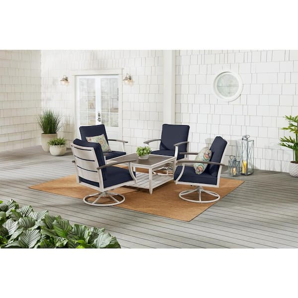 Hampton Bay Marina Point 5-Piece White Steel Motion Outdoor Patio Conversation Seating Set with CushionGuard Midnight Cushions