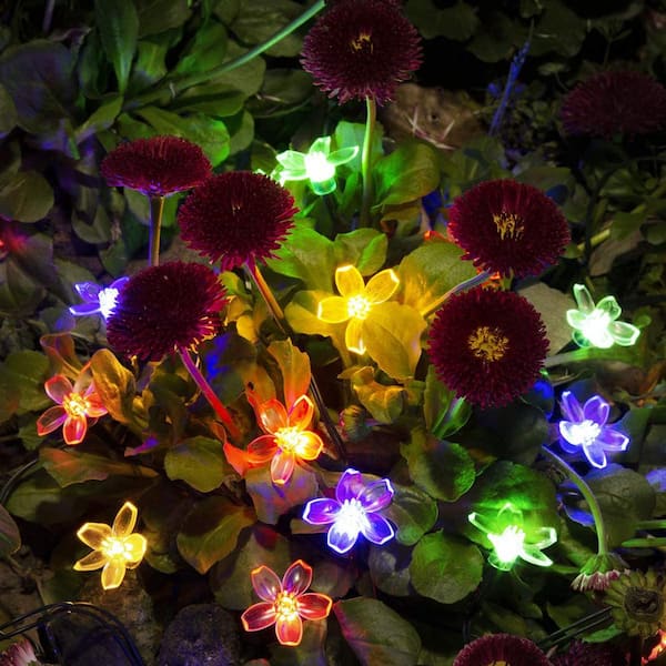 2 Pack Solar Fairy Lights Waterproof Multi-Color Solar Powered Garden  Lights, Solar Flower Lights with 20 Cherry Blossom, Bigger Solar Panel for
