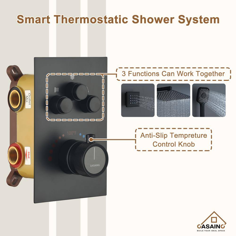 Matte Black 12-Inch Stainless Steel Multi-Head Wall Mounted Shower System