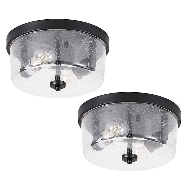 HKMGT 10.63 in. 2-Light Black Farmhouse Flush Mount with Seeded Glass Shade and No Bulbs Included (2-Pack)