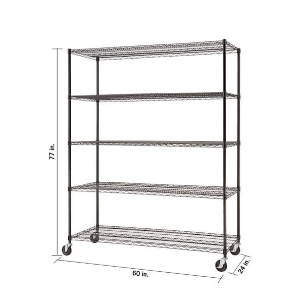 Black 5-Tier Rolling Steel Wire Shelving Unit (60 in. W x 77 in. H x 24 in. D)