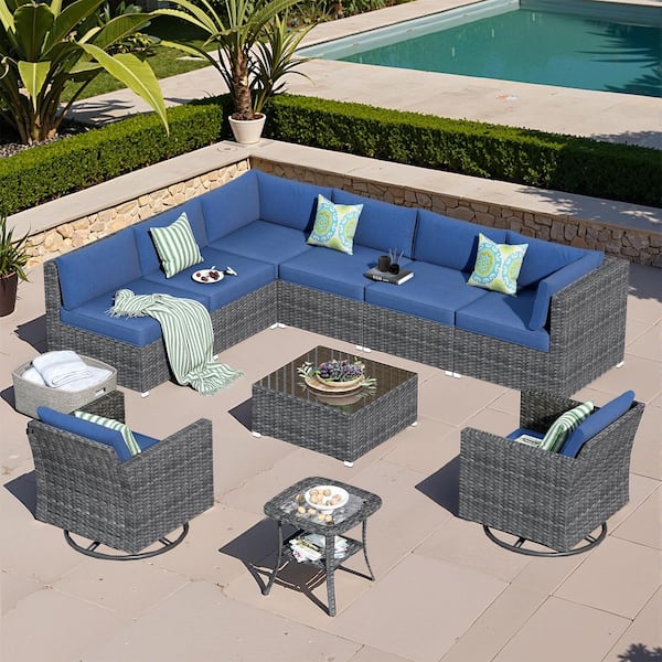 Messi Grey 10-Piece Wicker Outdoor Patio Conversation Sofa Set with Swivel Rocking Chairs and Denim Blue Cushions