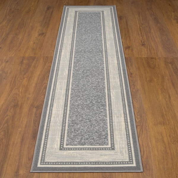 Ottomanson Ottohome Non-Slip Rubberback Bordered 3x10 Indoor Runner Rug, 2'7 inch x 9'10 inch, Light Gray