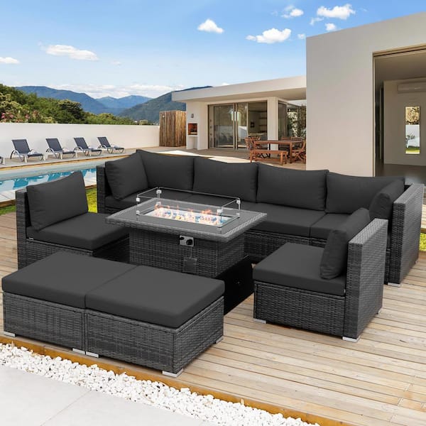 FINCATI Large 9 -Piece Gray Wicker Patio Fire Pit Sectional Deep Seating Sofa Set with Dark Gray Cushions and Ottomans