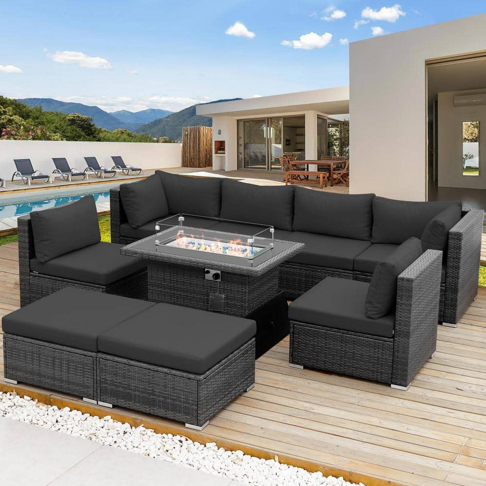 NICESOUL Large 9 -Piece Gray Wicker Patio Fire Pit Sectional Deep ...