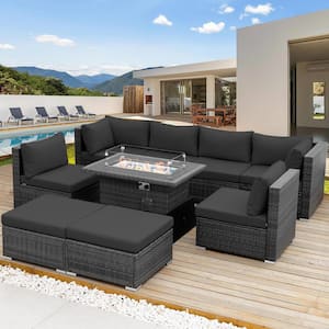 Large 9 -Piece Gray Wicker Patio Fire Pit Sectional Deep Seating Sofa Set with Dark Gray Cushions and Ottomans