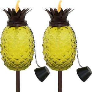 Tropical Pineapple 3-in-1 Yellow Glass Outdoor Torches (Set of 2)