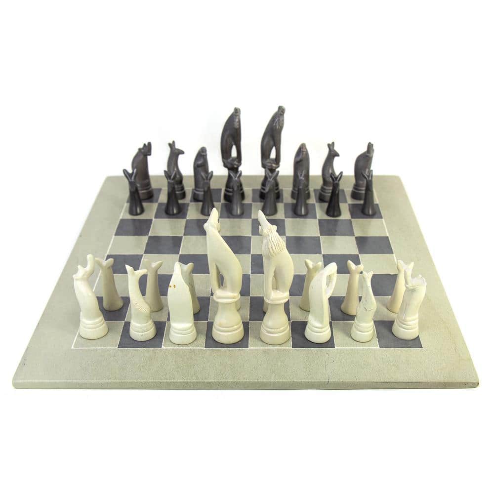Global Crafts HandCarved Soapstone Chess Set with Safari Animal Pieces