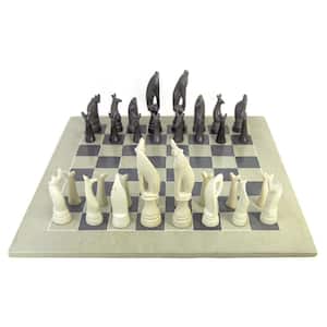 Hand-Carved Soapstone Chess Set with Safari Animal Pieces, Grey / Natural Stone