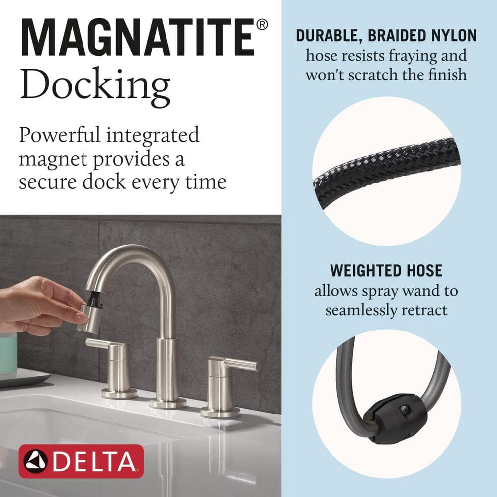 Nicoli Brushed Stainless Steel Widespread Bathroom Faucet with Pull-Down Sprayer
