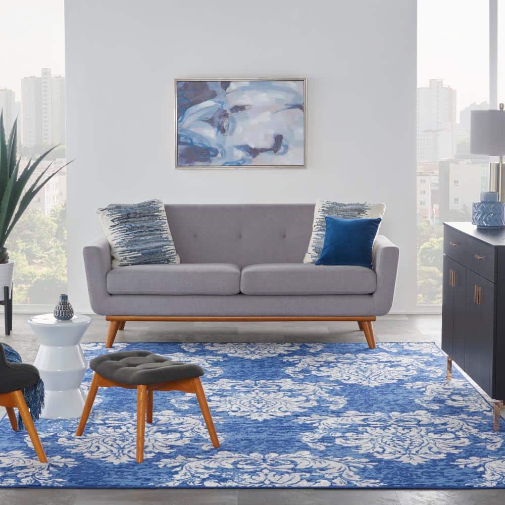 Ivory and Navy Floral Damask 8' x 10' Synthetic Area Rug