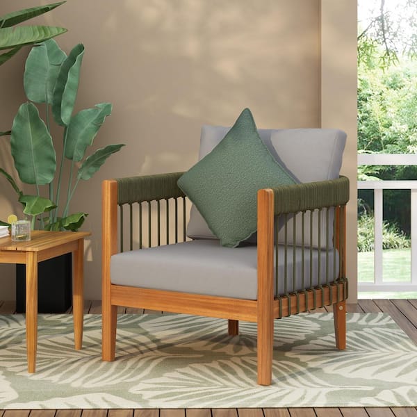 CHRISTOPHER KNIGHT HOME Francisco Natural Finish Wood and Green Handwoven Rope Patio Outdoor Lounge Chair with Grey Cushions