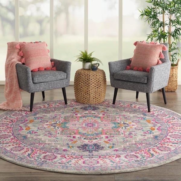 Passion Light Grey Pink 8 ft. x 8 ft. Persian Medallion Transitional Round Area Rug