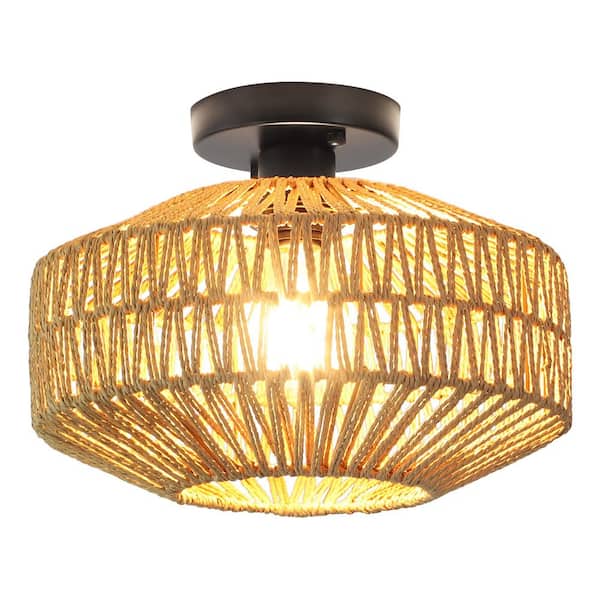 11.81 in. 3-Light Black Brown Farmhouse Semi-Flush Mount Light with Hemp Ropes Shade and No Bulbs Included