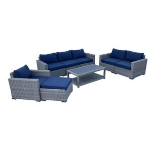Urban Oasis 8-Piece Wicker Rattan Outdoor Sectional Set with Blue Cushions and Coffee Table