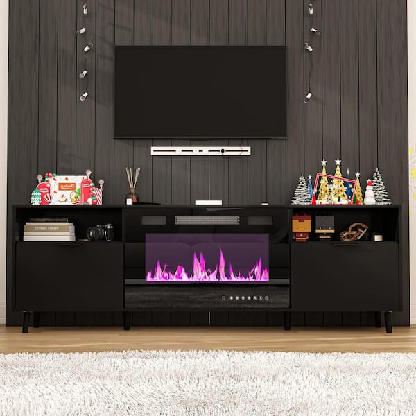 FUFU&GAGA 70.8 in. W Freestanding Electric Fireplace TV Stand Media Console in Black With Remote Control Fits TV Up to 80 in.