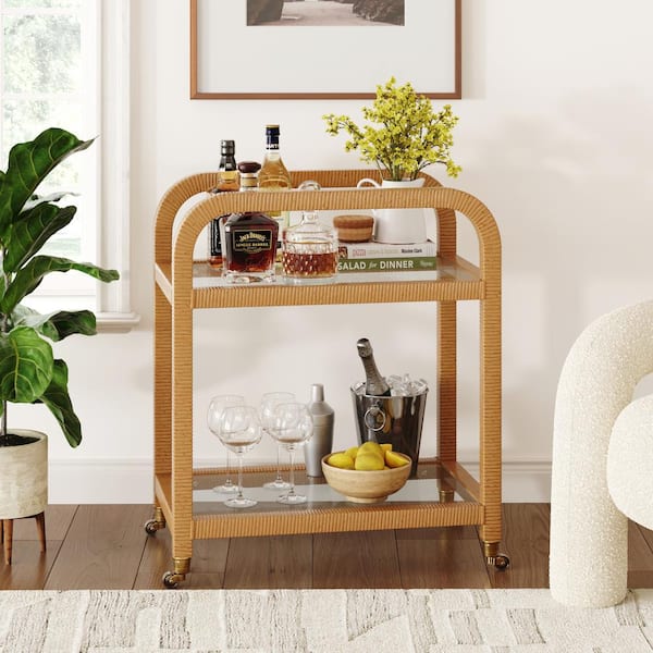 Nathan James Tanner Bohemian Bamboo Rattan Serving Cart with Designer Caster Wheels and Tempered Glass Rack