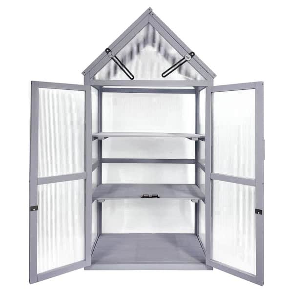 Tunearary Outdoor Garden Deck Wooden Gray Mini Greenhouse Stand Kit with 2 Lockable Doors and Adjustable Roof