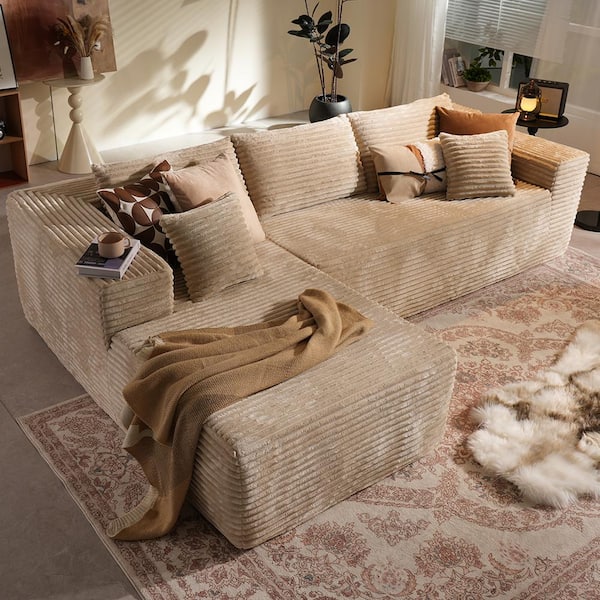 Allwex Verve 106 in. Wide Square Arm 2-Piece Modern Plush Corduroy Fabric L-Shape Modular Sectional Sofa in Beige with Chaise