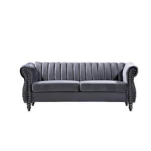 Louis 76.4 in. Grey Velvet 3-Seater Chesterfield Sofa with Nailheads
