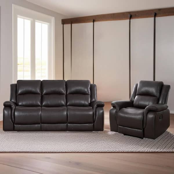 HOMESTOCK 85.82 in. D Rolled Arm Faux Leather Modular Push Back Recliner Sofa and Chair in Espresso