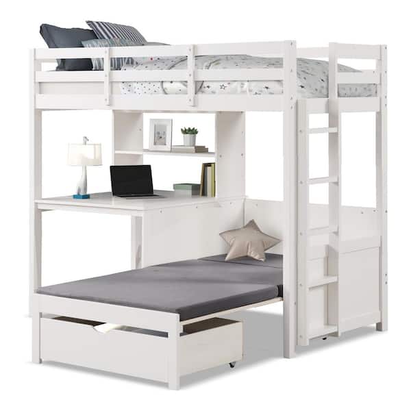 Proxy White Twin over Workstation Wood Loft Bed with USB Charging Ports on Desk