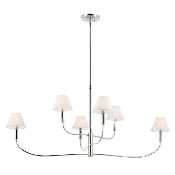 Eadie 51.5 in. 6-Light Polished Nickel Updated Traditional Dining Room Chandelier with White Fabric
