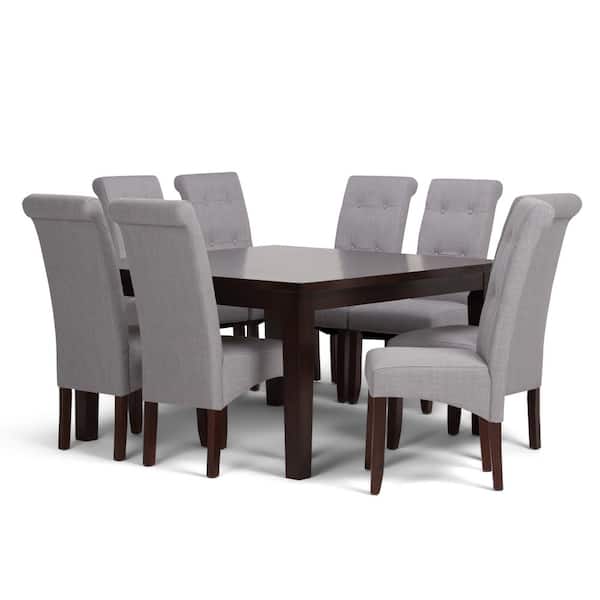 Simpli Home Cosmopolitan 9-Piece Dove Grey Linen Fabric and Wood Dining Set with 8-Upholstered Dining Chairs and 54 in. Wide Table