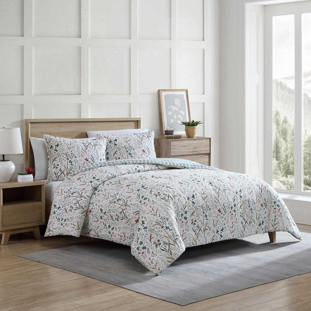 Twin White Cotton Reversible Floral Comforter Set