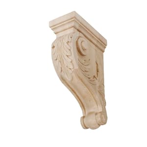 8 in. x 2-1/2 in. x 5 in. Unfinished Small Hand Carved North American Solid Hard Maple Acanthus Leaf Wood Corbel