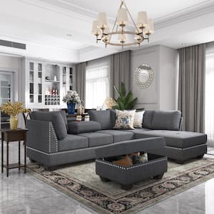 104.5 in. W 3-Pieces Linen Upholstered L-Shaped Sectional Sofa in Gray with Storage Ottoman