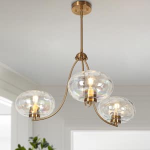 Chrysaorican 3-Light Plating Brass Chandelier with Curvy Arms and Iridescent Glass Globes, No Bulb Included