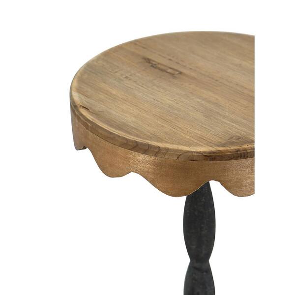 25 in. Black Iron Outdoor Side Table with Scalloped Brown Wooden