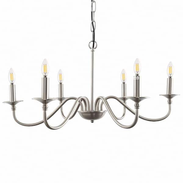 Emeritpro 6-Light Nickel Chandelier with E12 Socket, No Bulbs Included, for Dining Room, Living Room, or Entryway