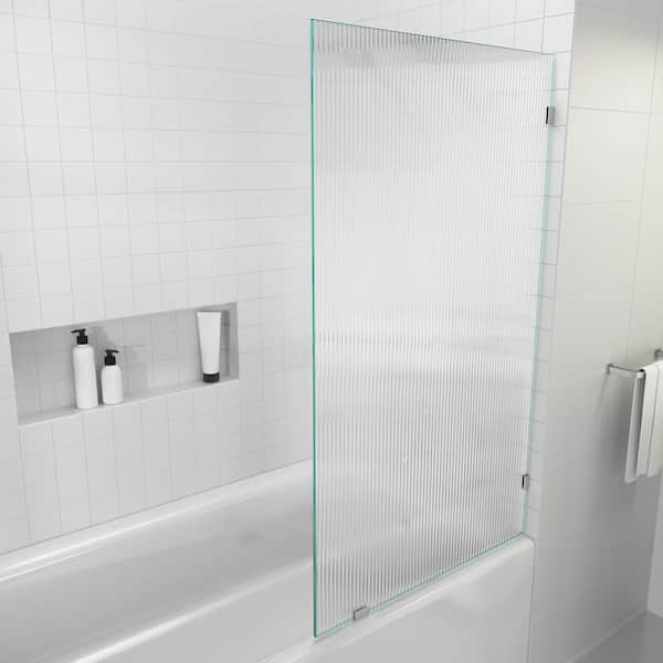 Glass Warehouse 34 in. x 58.25 in. Single Fixed Frameless Fluted Frosted Bath Panel Shower Tub