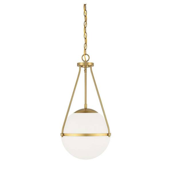 TUXEDO PARK LIGHTING 13.25 in. W x 25.25 in. H 1-Light Natural Brass Standard Pendant Light with White Opal Glass Shade