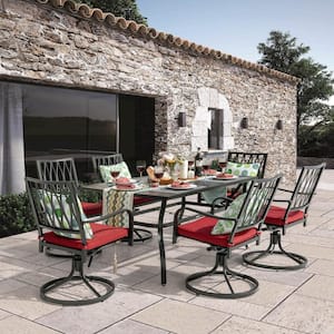 Black 7-Piece Metal Rectangle Outdoor Dining Set with Cushion Patio Furniture Set with Swivel Dining Chair