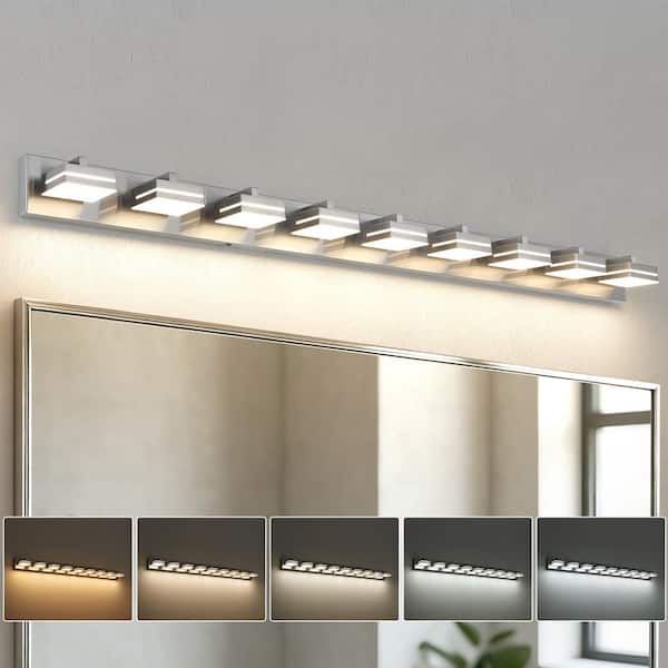 62.2 in. 9-Light Nickel LED Vanity Light with 5-CCT Adjustable Switch and Acrylic Lampshade