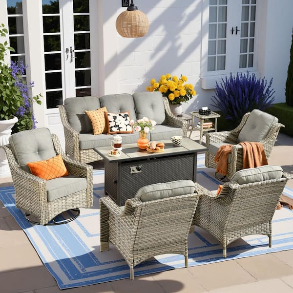 HOOOWOOO Cherry 7-Piece Wicker Outdoor Fire Pit Furniture Patio Conversation Sofa Set with Swivel Chairs and Dark Grey Cushions