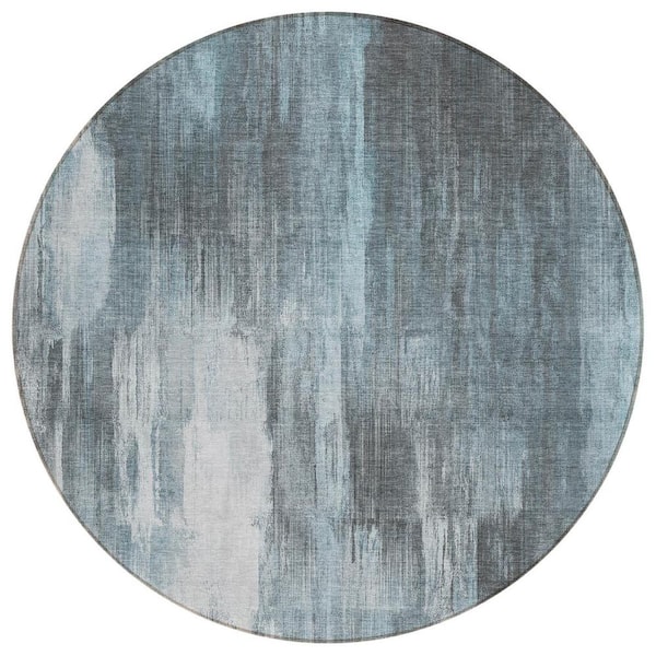 8' Grey Teal Machine Woven Uv Treated Marble Indoor Outdoor Round Area Rug