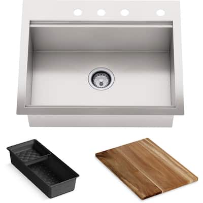 Lyric Dual Mount Workstation Stainless Steel 27 in 4-Hole Single Bowl Kitchen Sink with Integrated Ledge and Accessories