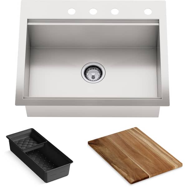 KOHLER Lyric Dual Mount Workstation Stainless Steel 27 in 4-Hole Single Bowl Kitchen Sink with Integrated Ledge and Accessories