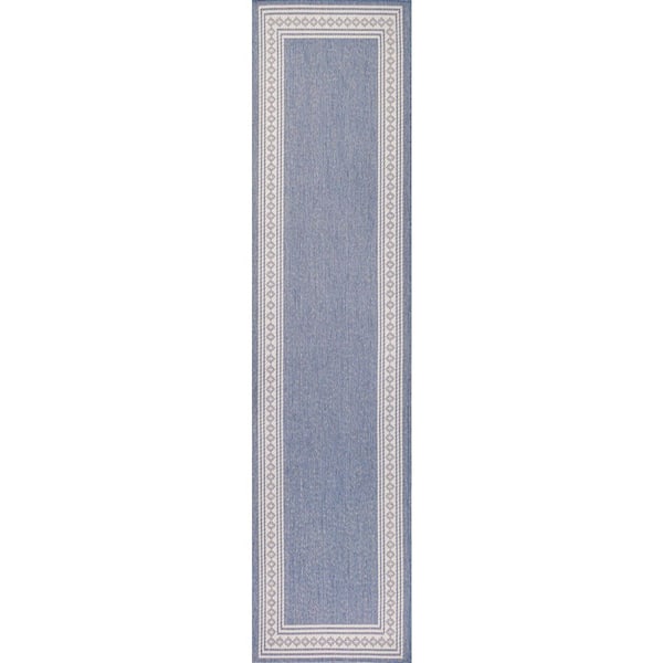 Lucia Classic Diamond Border Blue/Cream 2 ft. x 8 ft. Indoor/Outdoor Runner Rug
