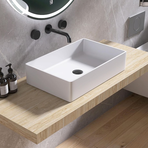 MEDUNJESS Endmore Solid Surface Wash Basin Bathroom Square Vessel Sink in White