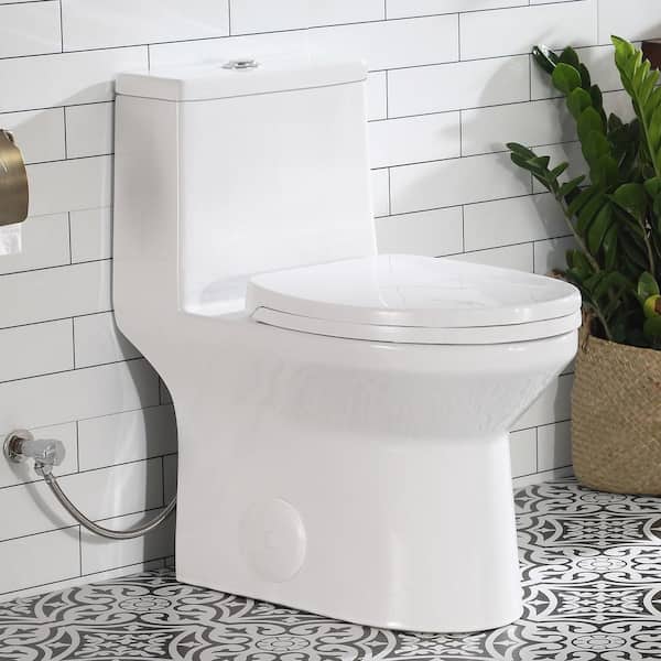 HOROW 1-piece 0.8 GPF/1.28 GPF High Efficiency Dual Flush Elongated Toilet in. White Soft-Close Seat Included ADA Height