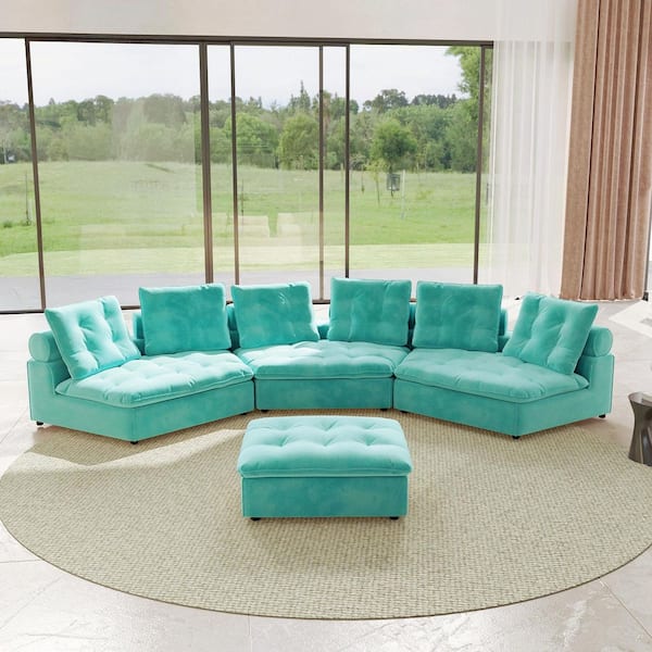 Magic Home 130 in. Square Arm Rectangle 3-Seater Frosted Velvet Free Modular Sectional Sofa with Ottoman in Aqua blue