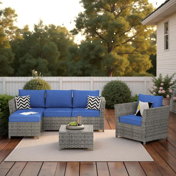 XIZZI Vesta Gray 6-Piece Wicker Outdoor Patio Conversation Sofa Set with Navy Blue Cushions