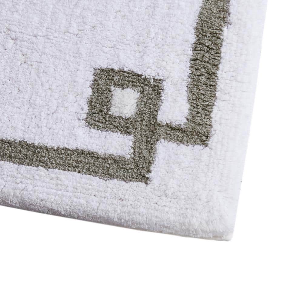 White and Gray Cotton Tufted Bath Rug with Geometric Border