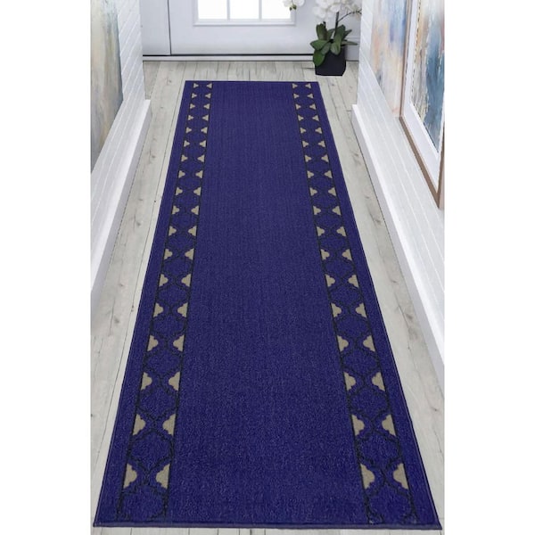 Moroccan Trellis Border Cut to Size Blue Color 36" Width x Your Choice Length Custom Size Slip Resistant Runner Rug